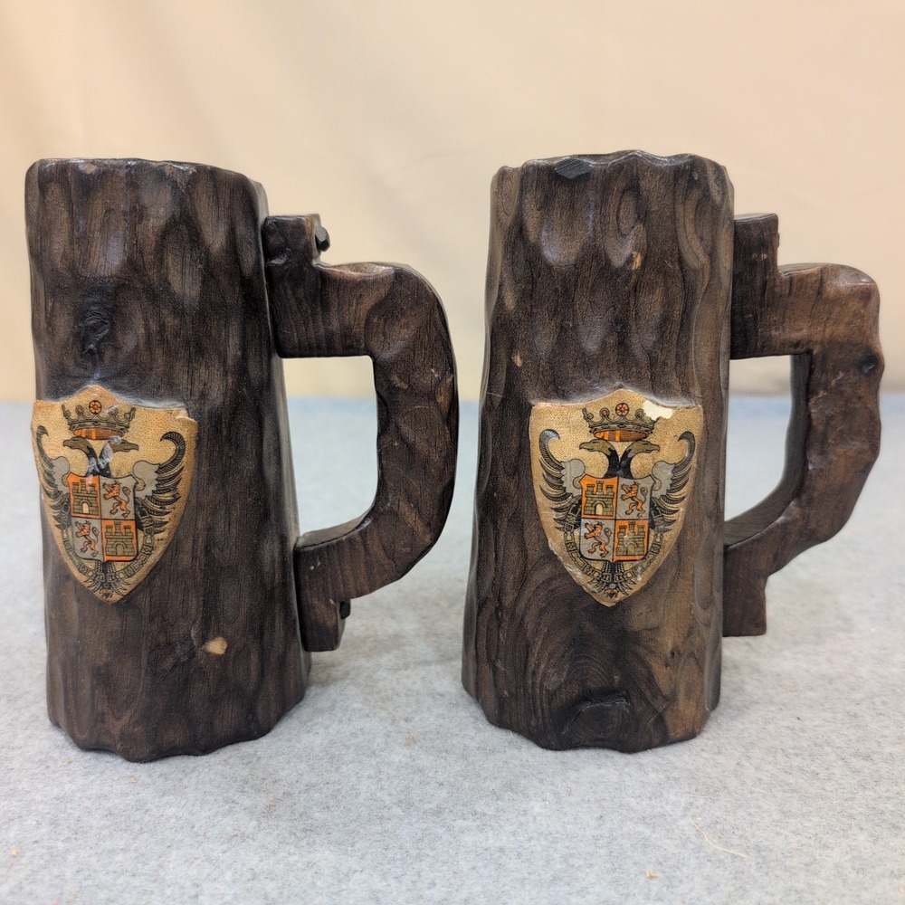 Vintage Hand Carved Wooden Mug Coat of Arms of Toledo, Spain Set of 2 Dark Wood - Picture 1 of 8